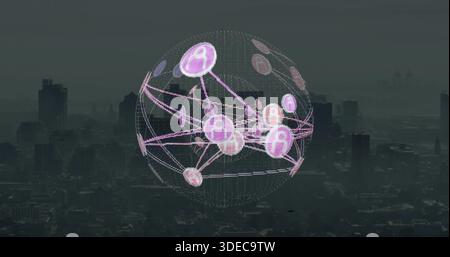 Floating translucent holographic sphere hovering over hazy downtown skyline, showing profile glyphs Stock Photo