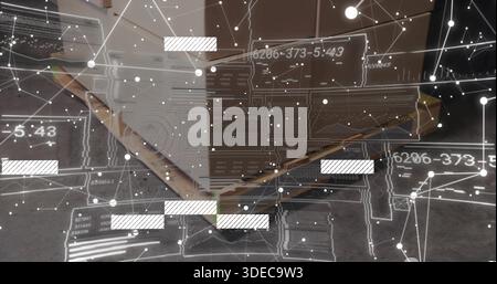 Showing open cardboard box holding packing paper on grey carpet, holographic HUD, yellow object Stock Photo