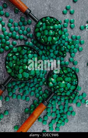 Algae in tablets.Supplements for health and longevity.Natural source of iodine.Food supplements for a healthy lifestyle.Vitamins and dietary Stock Photo