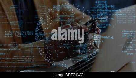 Tapping man's smartphone in office, left hand by laptop, code overlay, data globe, in plaid shirt Stock Photo