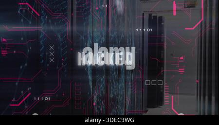 Displaying server racks showing glitchy HACKED overlay in server aisle, with LEDs and HUD Stock Photo