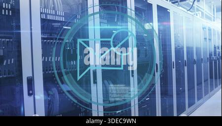 Showing glass-front server cabinets lining data center corridor with cable bundles and teal overlay Stock Photo
