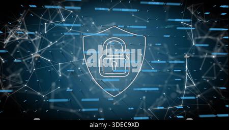 Pulsing central shield outline with padlock icon securing abstract cyberspace, with wireframe nodes Stock Photo