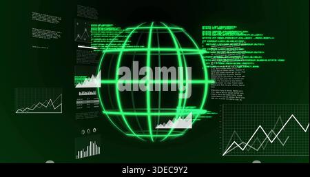 Displaying neon-green 3D wireframe globe rotating in virtual HUD, with line charts and code blocks Stock Photo