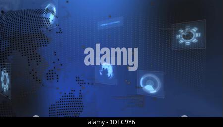 Displaying abstract digital interface in virtual control room, showing dotted world map, HUD panels Stock Photo