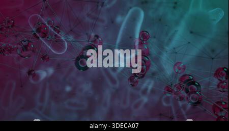 Displaying glossy spheres and torus rings connecting via thin filaments in 3D render, magenta-teal Stock Photo