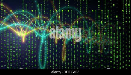 Streaming neon sine waveforms and dotted particles moving in data stream with green binary digits Stock Photo