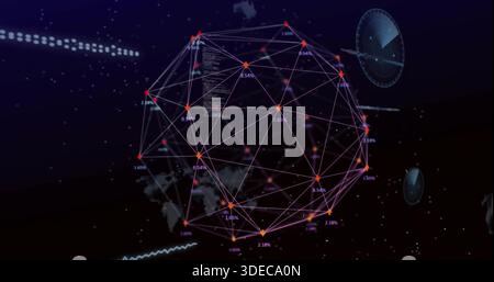 Rotating geosphere showing glowing orange nodes and magenta lines with percent labels in dashboard Stock Photo