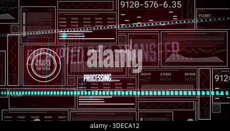 Displaying digital dashboard panels on virtual console, with cyan scanning bar and circular gauge Stock Photo