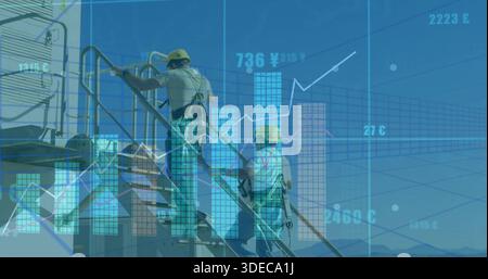Climbing two workers ascending stairs on tower wearing yellow hardhats and harnesses with data overl Stock Photo