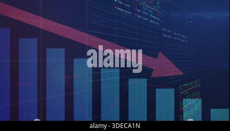 Displaying vertical blue bar chart declining on trading screen, showing large red arrow, red line Stock Photo
