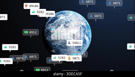 Displaying planet Earth in dark starfield, showing floating notification bubbles, counters, icons Stock Photo