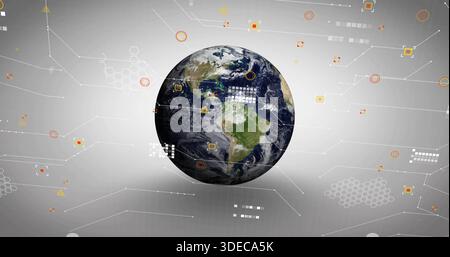 Floating central Earth globe showing network lines and orange data markers on gray backdrop Stock Photo