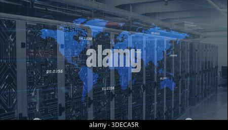 Displaying centered server racks in data center projecting blue world map, numeric labels, LEDs Stock Photo