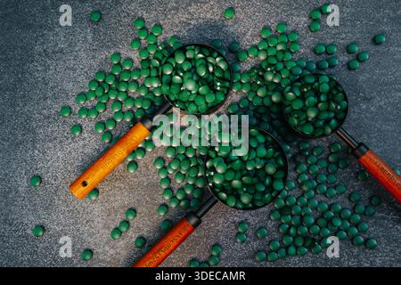 Algae in tablets.Supplements for health and longevity.Natural source of iodine.Food supplements for a healthy lifestyle.Vitamins and dietary Stock Photo