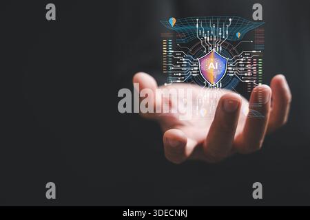 AI security systems automate threat response with artificial intelligence powered analytics, a hand holds this machine learning based network security Stock Photo