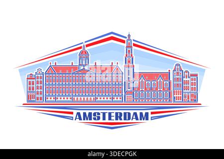 Vector illustration of Amsterdam, decorative sign with linear design famous amsterdam city scape on day sky background, horizontal urban line art conc Stock Vector