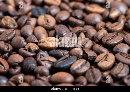 close up roasted coffee beans glistening with subtle oil sheen and shallow depth of field, warm brown tones evoke freshly roasted batch on cooling tra Stock Photo