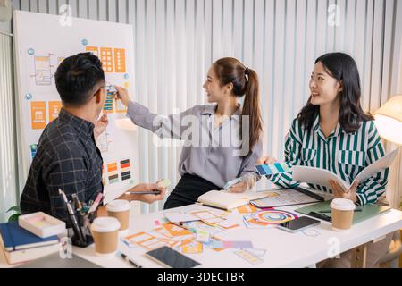 Designers having a UX/UI planning meeting to refine mobile app layouts and user flow. They collaborate closely to create functional and visually appea Stock Photo