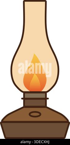A classic glass chimney oil lamp with a warm flame on a rounded metal base. Stock Vector