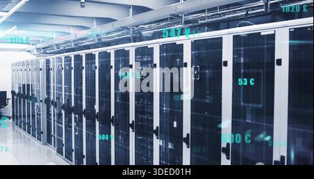 Displaying glass-fronted server racks lining data center aisle, showing LED indicators and overlays Stock Photo
