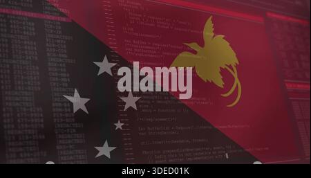Displaying PNG flag motif merging with code on screen, showing gold bird, five stars, terminals Stock Photo