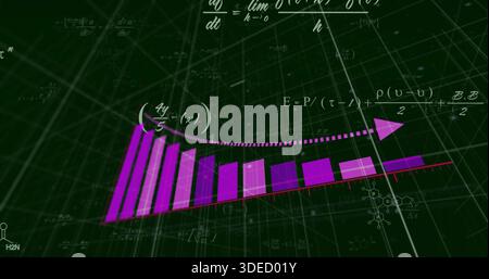 Displaying magenta-to-violet 3D bar chart rising on dark green grid with dotted curved arrow Stock Photo