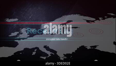 Displaying stylized Europe map pulsing on cyber HUD, showing Receiving overlay and encrypted data Stock Photo