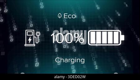 Displaying centered UI cluster showing 100% battery with charging station and Eco leaf on dark grid Stock Photo