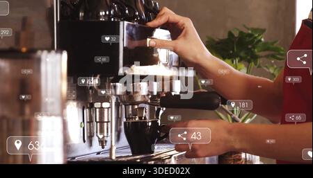 Pulling shot, barista in red apron holding portafilter using espresso machine on cafe counter AR UI Stock Photo