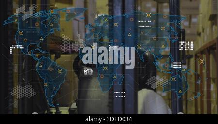 Displaying blue world map overlay showing logistics over warehouse aisle, shelving, boxes, forklift Stock Photo