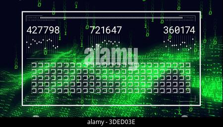 Displaying white dashboard overlay with three counters and tile grid in cyber UI amid binary digits Stock Photo