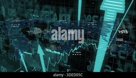 Displaying stylized world map on virtual dashboard, showing hex clusters, 3D arrows, dotted chart Stock Photo