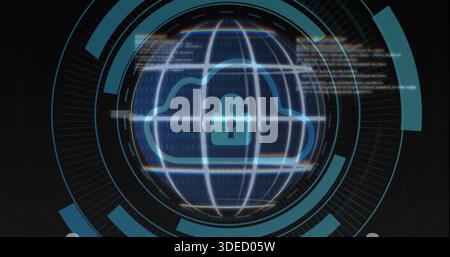 Displaying central wireframe globe with cloud and padlock on cyber HUD rings, binary code Stock Photo