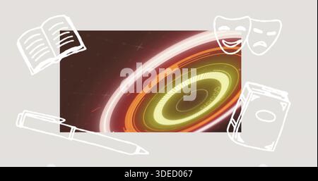 Showing glowing HUD panel on pale beige canvas, featuring neon rings and white books, pen, masks Stock Photo