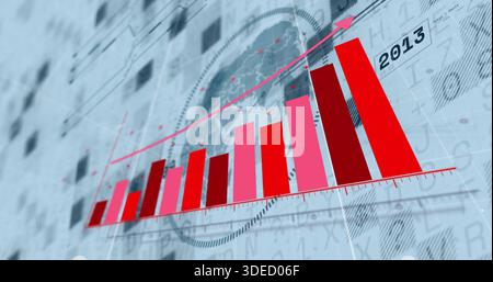 Displaying 3D ascending bar chart rising on digital grid backdrop, with upward arrow and 2013 label Stock Photo