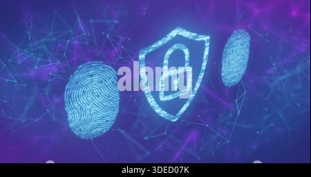 Shielding central cyan shield with padlock projecting across cyber network, with left right prints Stock Photo