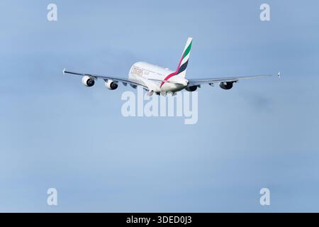 Emirates Airbus A380 departure from Manchester airport. Stock Photo