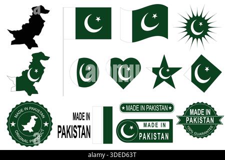 Pakistan national symbols flags map and made in Pakistan badges vector. Suitable for editorial, educational and commercial design projects. Stock Vector