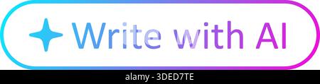 Write with AI button. AI creative stamp. Artificial intelligence symbol. Gradient blue purple digital AI robot sign. Magic star smart assistant Stock Vector