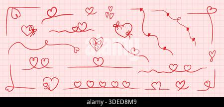 Whimsical hand drawn heart dividers and decorative lines. Playful romantic doodle borders for wedding invitations, Valentine cards, feminine branding Stock Vector