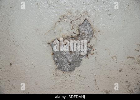 Peeling paint and damaged plaster on a white concrete wall showing signs of dampness, water damage, and aging. Stock Photo