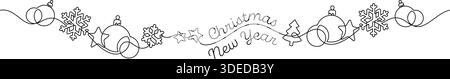 christmas new year banner celebration frame border decorative. winter season greeting xmas baubles, christmas tree and snowflake stars thin line illus Stock Vector