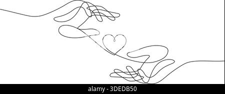 two hands care and protect heart one line drawing continuous romantic love concept vector illustration minimalism Stock Vector