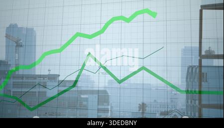 Displaying translucent financial chart on glass facade of city, showing bright green trend line Stock Photo