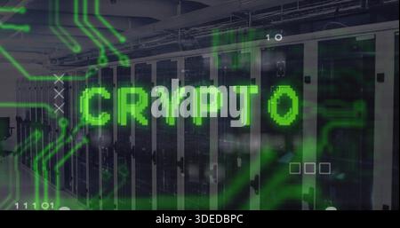 Displaying neon-green CRYPTO overlay across central server racks in data center, showing LED lights Stock Photo