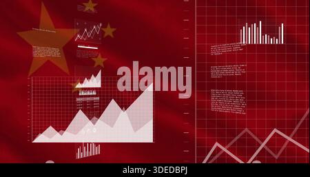 Displaying financial charts over red flag backdrop with large area chart, bar and line graphs, star Stock Photo