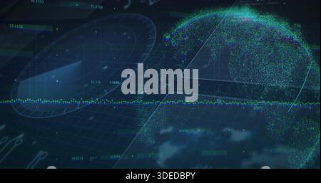 Rotating holographic particle globe on right over dark grid plane, showing dotted line, copy space Stock Photo