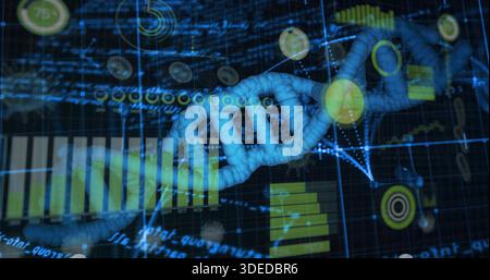 Displaying blue 3D DNA helix with glowing base pair nodes across virtual dashboard, with charts Stock Photo