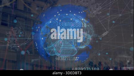 Projecting central 3D brain globe over trading charts with lock icon, numbers, nodes, hex panel Stock Photo